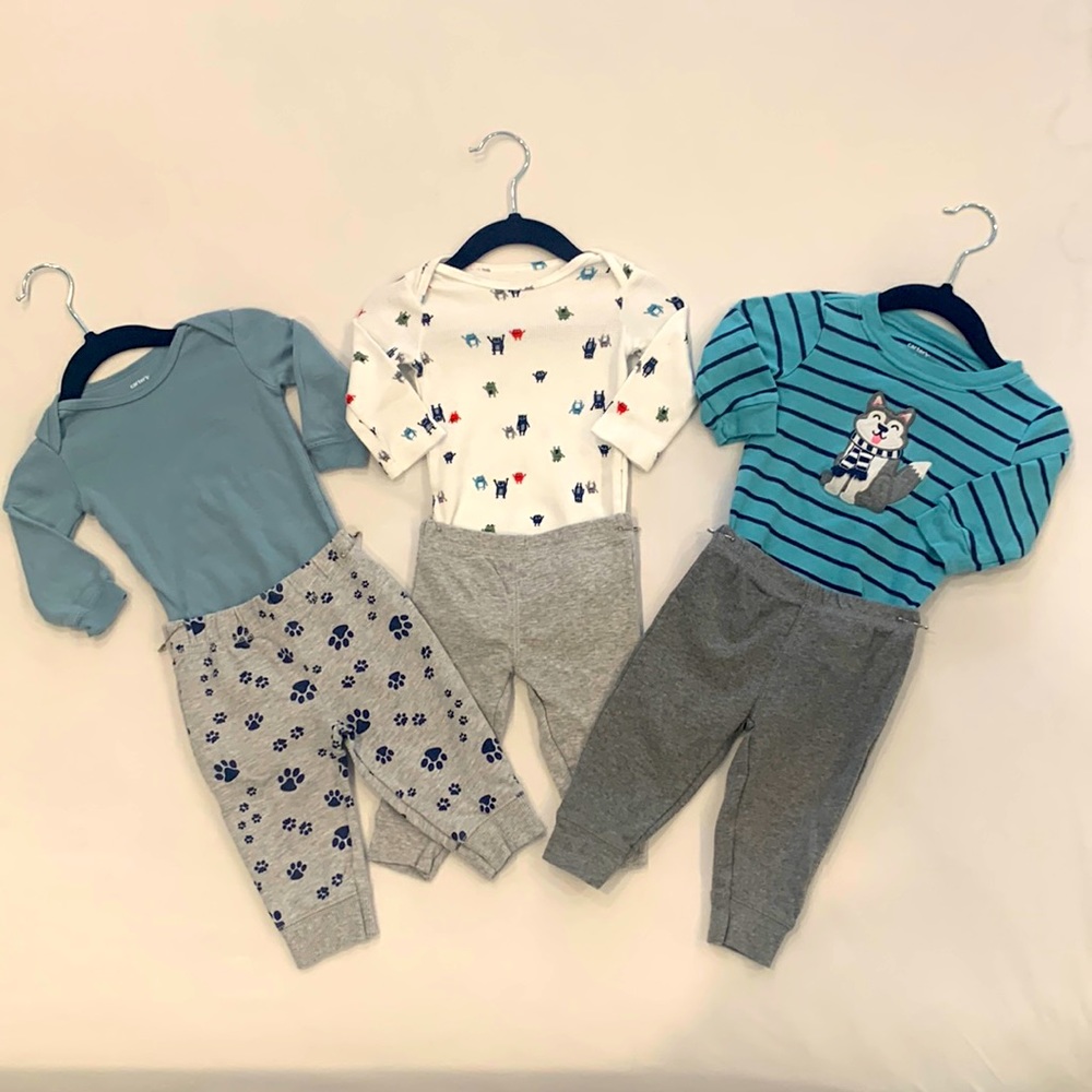 Carter’s 6 pieces all 6 months. 3 long sleeve bodysuits w/ 3 pants.